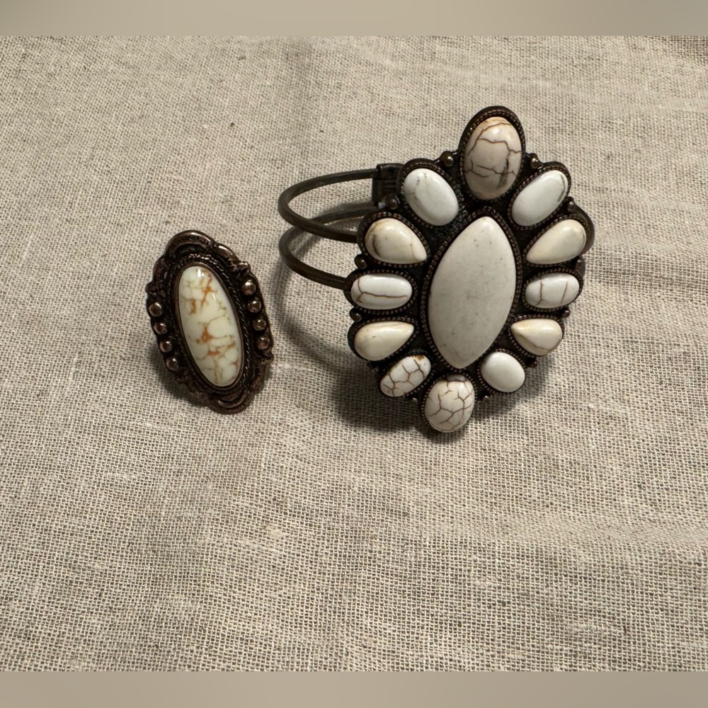 White and Brown Stone Bracelet and adjustable Ring Set